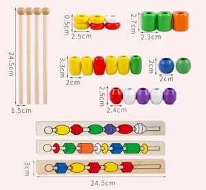 Wooden kids educational beading toy set detail showing colorful beads, sticks and cards size specs.