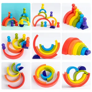Wooden rainbow stacking blocks set with peg dolls, creative early educational kids toys.