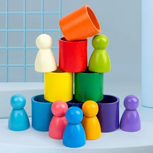 Wooden rainbow peg dolls nesting cups stacking building blocks set for kids early education toys