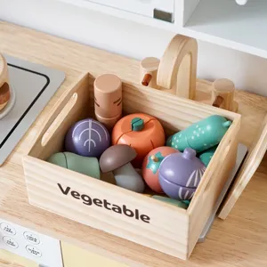 Wooden vegetable cutting toy set in storage box for kids pretend kitchen play and cooking fun.