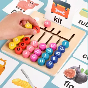 Montessori wooden spelling maze toy with alphabet blocks and flashcards for kids early learning.