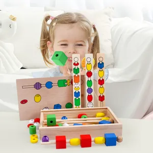 Kids wooden bead threading toy, early educational color sorting puzzle block set for toddlers.