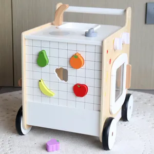 Wooden Pretend Play Kitchen Cart Toy Multi-Functional Early Education Baby Walker With Simulation Fruit Blocks For Kids