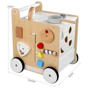 Wooden baby walker activity center multi-functional toddler toy with kitchen shape sorter.