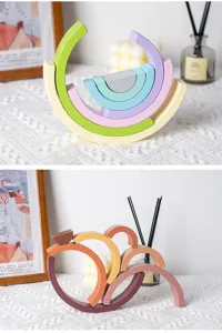 Wooden rainbow stacking blocks toy for kids, creative Montessori educational puzzle and nursery decor.