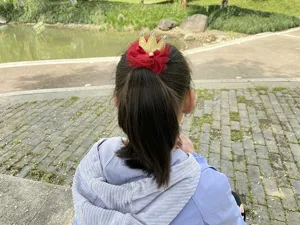 Dettaglio molletta capelli corona rete bambini, fiocco rosso e design corona dorata scintillante.