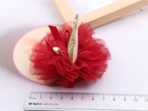 Fermaglio per capelli in rete rossa per bambini con corona scintillante e fiocco.