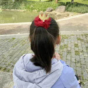 Fermaglio capelli corona tulle bambini fiocco rosso accessorio principessa vista principale.