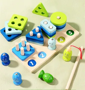 Wooden educational shape sorting puzzle stacking toy with magnetic fishing game for kids.