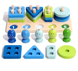 Wooden shape sorting toy set with stacking columns and magnetic fishing game for kids.