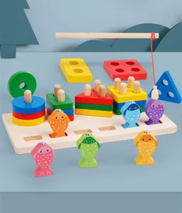 Wooden educational shape matching column and magnetic fishing toy set for early childhood learning.