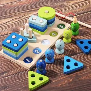 Multi Function Wooden Shape Matching Sorting Blocks Magnetic Fishing Montessori Educational Toy For Toddlers