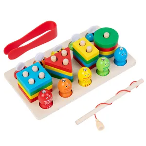 Wooden shape sorting toy and magnetic fishing game set for kids early educational development.