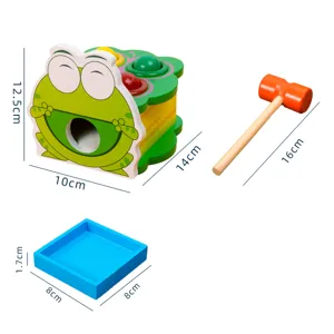 Wooden frog pounding toy set with hammer and tray for kids early education and motor skills.