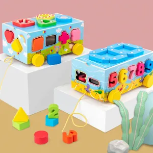 Kids Educational Wooden Digital Shape Matching Pull Car Stacking Blocks Toy