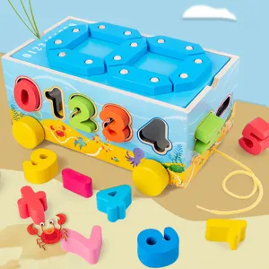 Wooden digital shape sorting pull along car toy for early childhood educational cognitive learning.