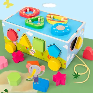 Wooden shape sorter pull along toy for kids, colorful geometric blocks educational game.