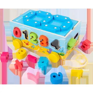 Toddler Wooden Number Sorting Pull Cart Educational Toy Shape Matching Blocks Set