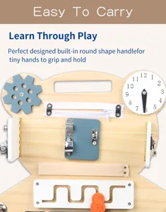Wooden Montessori bear busy board detail showing gear, clock and unlocking mechanisms for kids.