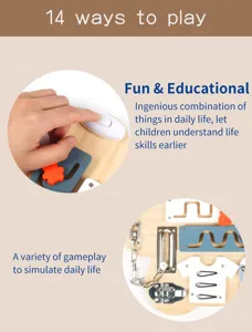 Montessori wooden busy board early educational toy for toddlers daily life skills learning.