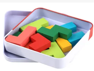 Wooden Tetris puzzle blocks set with colorful geometric shapes stored in a convenient metal tin box.