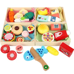 Kids Wooden Pretend Play Kitchen Food Toy Set Breakfast Snack Vegetable Drink Wooden Box Educational Toys For Children