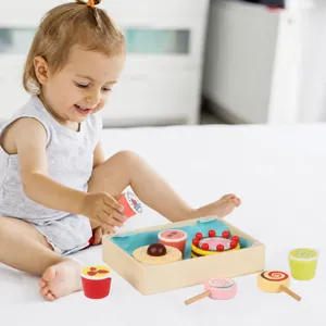 Kids wooden pretend play food set, educational kitchen toy with storage tray and colorful sweets.