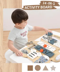 Montessori wooden busy board activity toy with locks and switches for toddler early education.