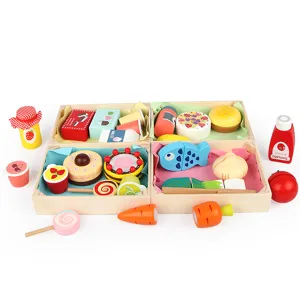 Wooden kitchen pretend play toy set with food, desserts and storage boxes for kids development.
