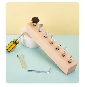 Montessori wooden busy board screw toy set detail view, great for toddler hand-eye coordination.