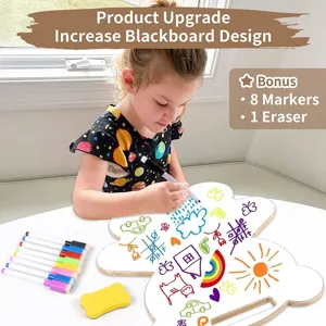 Kids wooden drawing board toy with bear shape, colorful markers and eraser for early education.