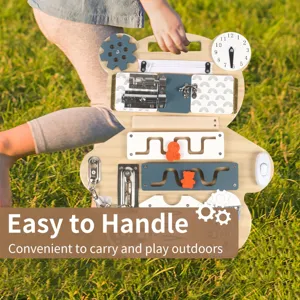 Montessori wooden busy board toy for toddlers, sensory learning board with locks and switches.