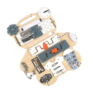 Montessori wooden busy board for toddlers, bear sensory toy with locks, clock and motor skills.