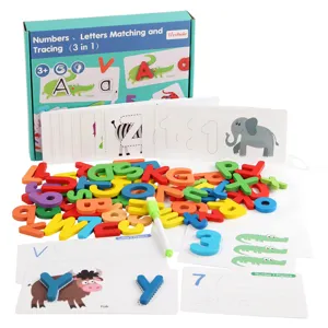 Wooden numbers and letters matching tracing toy set, early educational Montessori blocks for kids.