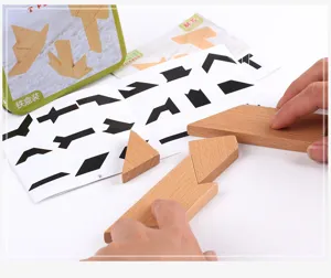 Wooden T puzzle tangram brain teaser toy with metal box and solution cards for kids early learning