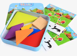 Wooden tangram puzzle toy set with tin box and question cards for kids early education