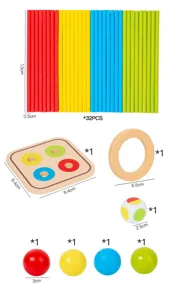 Wooden children educational balance stick toy detail showing component parts and sizes.