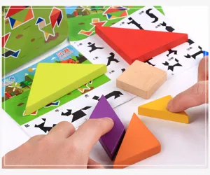 Wooden tangram puzzle set for kids, colorful geometric shapes Montessori educational toy details.