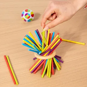 Wooden pick up sticks balance game for kids, educational interactive tabletop toy set.