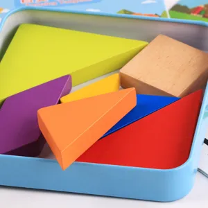 Wooden tangram puzzle set for kids, colorful geometric blocks in a metal storage tin box.