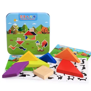 Kids wooden tangram puzzle toy set with colorful geometric blocks and storage tin box.