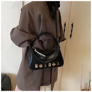 Schwarze Damen Schultertasche, trendige Hobo Tasche mit funkelnden Kristallen fuer Alltag.
