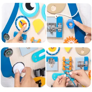 Wooden busy board for kids, montessori educational toy with interactive life skills activities.