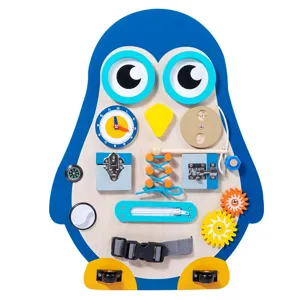 Wooden penguin busy board sensory toy for toddler early educational learning skills.