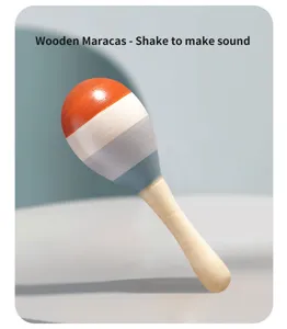 Wooden baby maracas musical toy for early education, colorful hand shaker instrument.