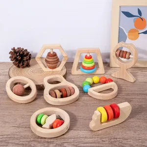 Wooden baby rattle and teething toy set, natural montessori grasp training sensory toys gift.