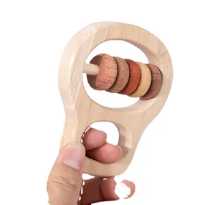 Wooden baby hand rattle toy, natural wooden teething grasping training toy for infants and babies.
