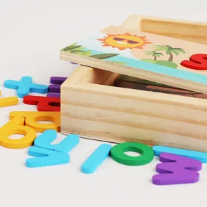 Wooden alphabet spelling toy set with storage box and colorful letter blocks for kids learning.