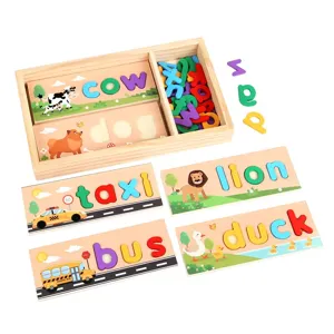 Wooden spelling word game set with 26 alphabet letters and animal cards for kids early education.