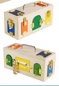 Wooden Montessori lock box toy for toddlers early education daily life skills practice learning.